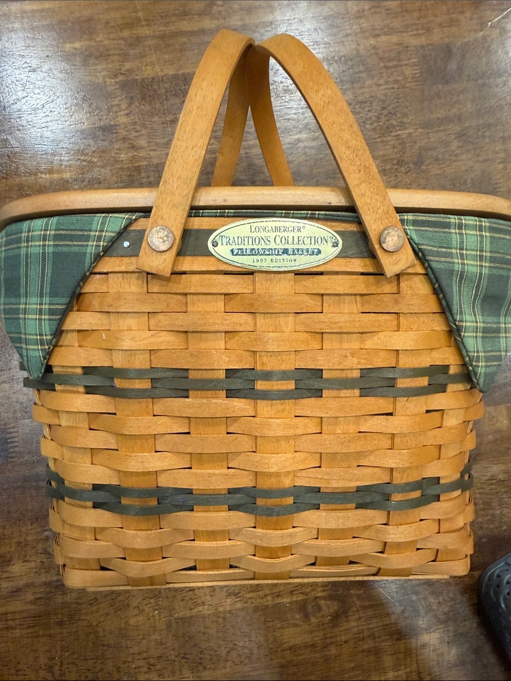Longaberger Tan Basket Tote with Green Plaid Trim